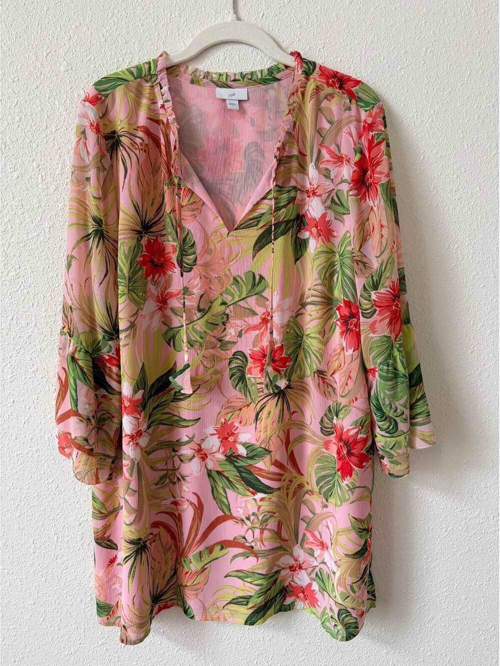 J Jill Tropical Paradise Split Neck Tunic Top Size Large Vacation Colorful